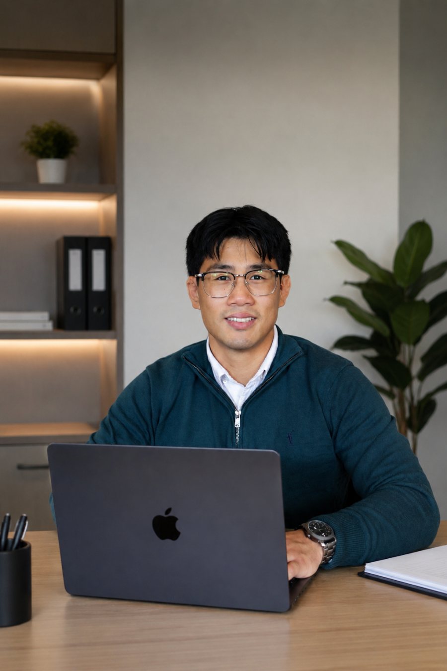 Son Hoang aan zijn bureau met laptop, aan het werk aan een administratie